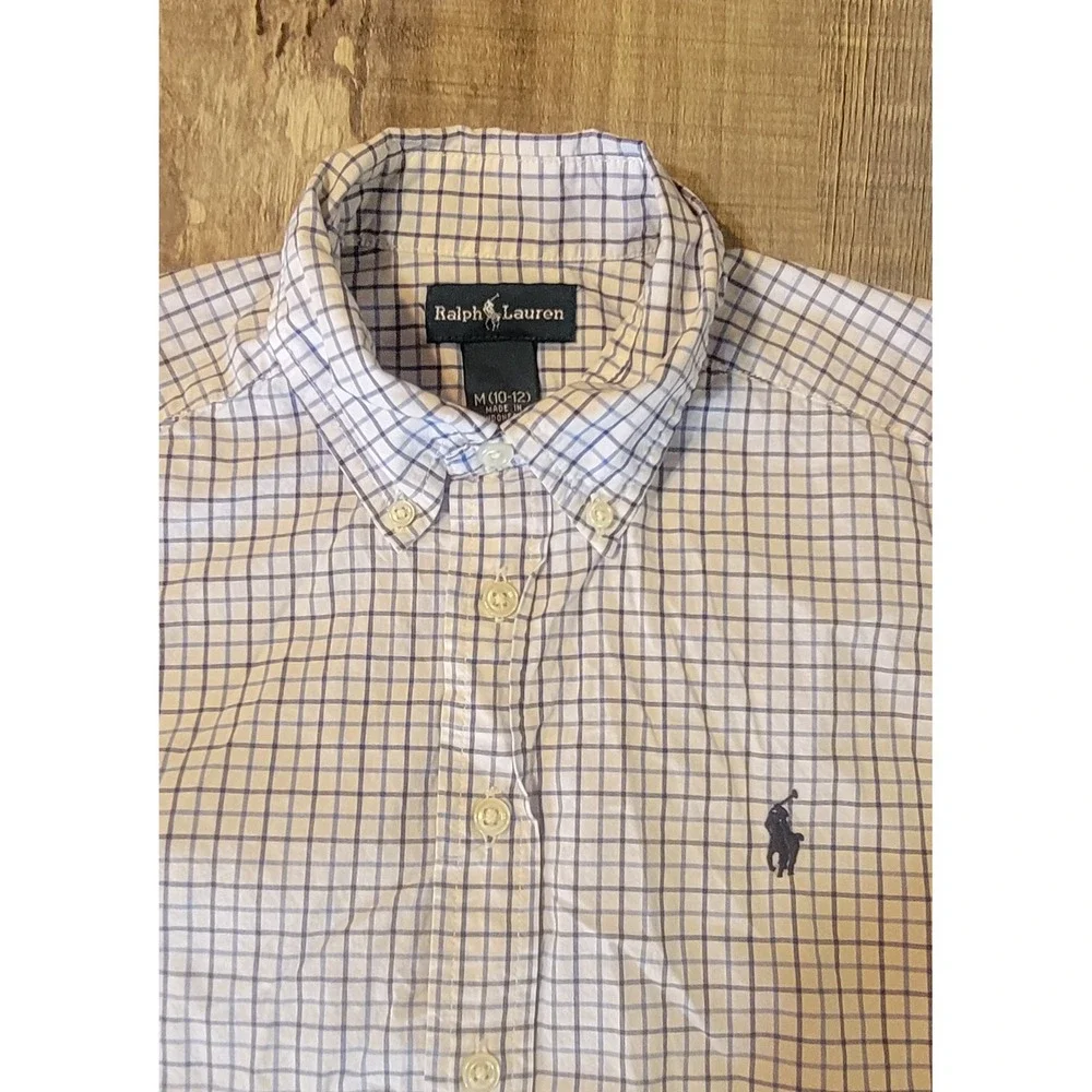 Ralph Lauren Boys Blue White Tattersall Check Button Down Shirt M 10-12 Cotton